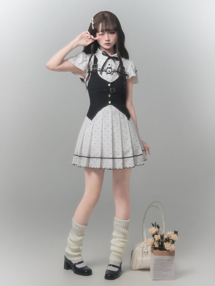 Kawaii Polka Dot Pleated Dress with Black Vest