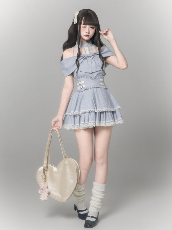 Coquette Plaid Cold Shoulder Top Pleated Skirt