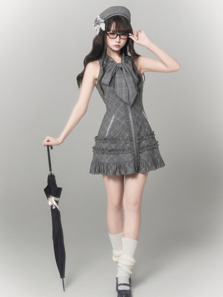 Dark Coquette Plaid Halter Zip Up Ruffle Mini Dress
