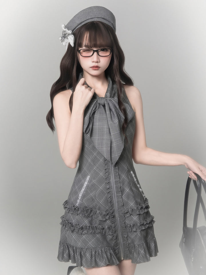 Dark Coquette Plaid Halter Zip Up Ruffle Mini Dress