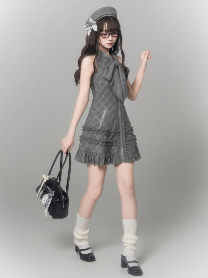 Dark Coquette Plaid Halter Zip Up Ruffle Mini Dress