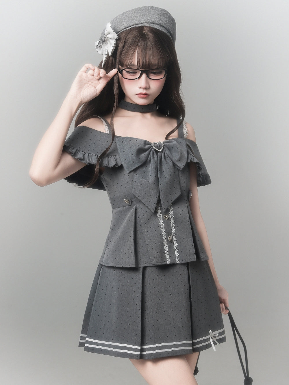 Polka Dot Off Shoulder Top Pleated Skirt