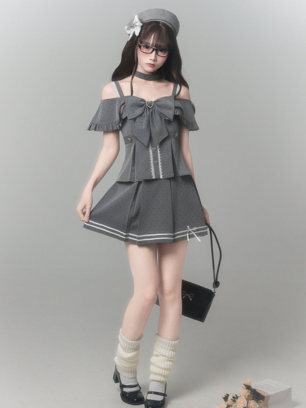 Polka Dot Off Shoulder Top Pleated Skirt