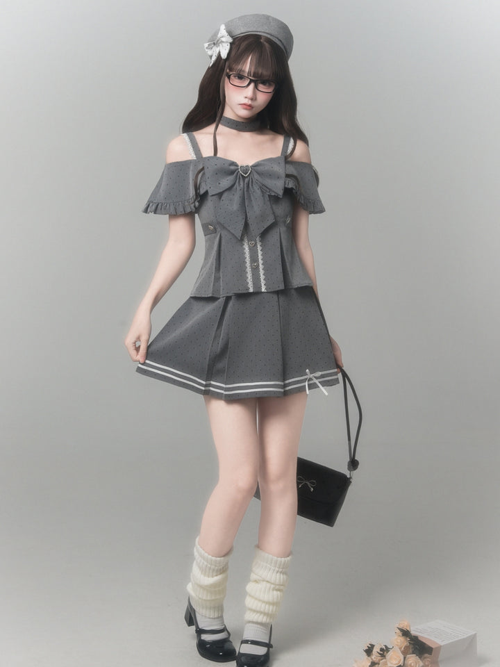 Polka Dot Off Shoulder Top Pleated Skirt