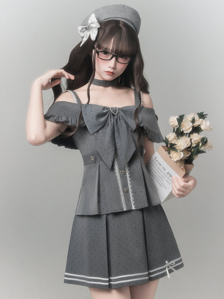 Polka Dot Off Shoulder Top Pleated Skirt