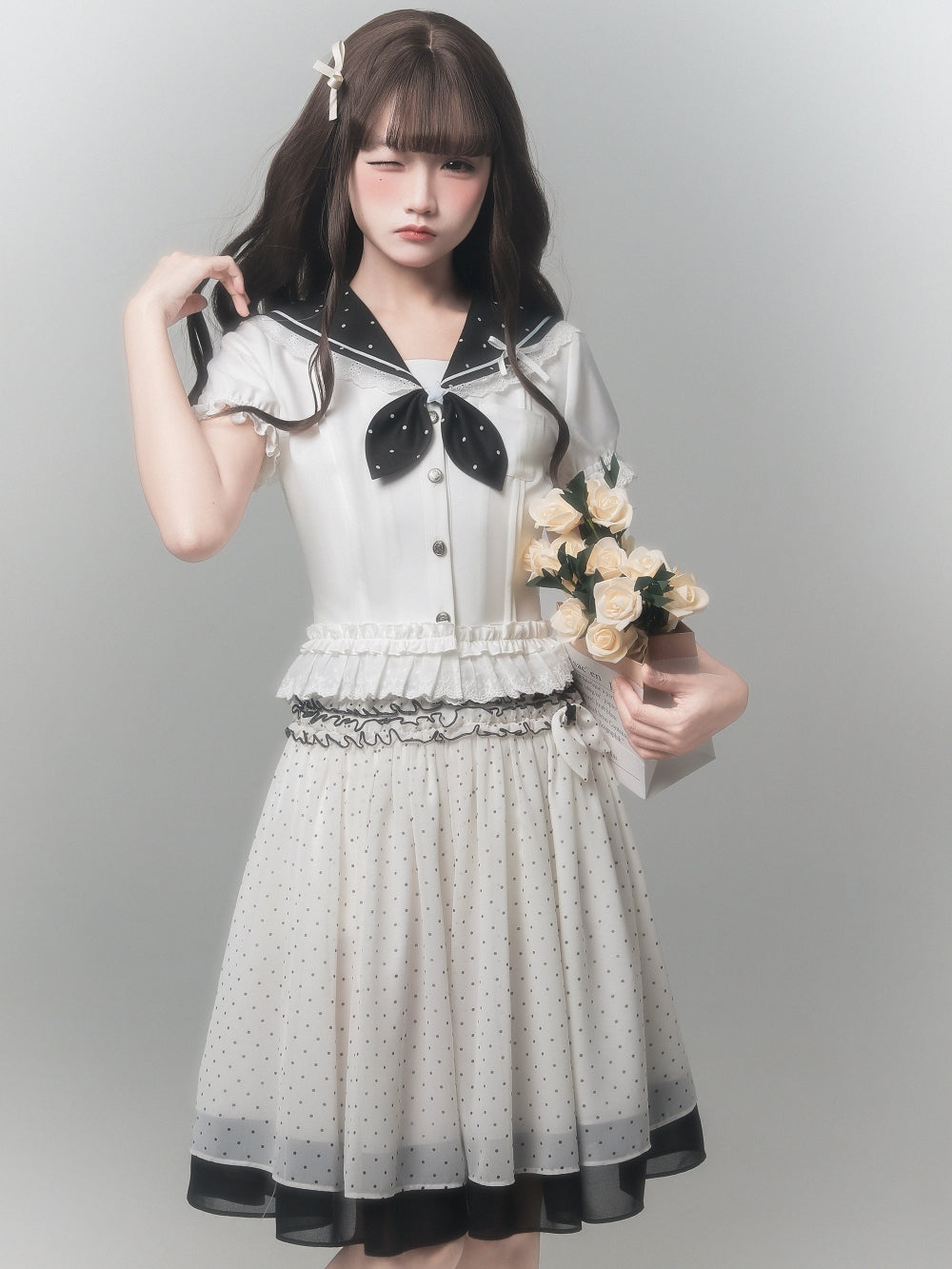 Japanese Sailor Collar Top Polka Dot Skirt