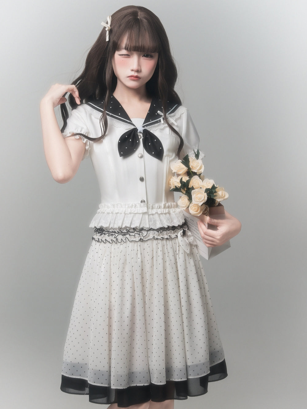 Japanese Sailor Collar Top Polka Dot Skirt