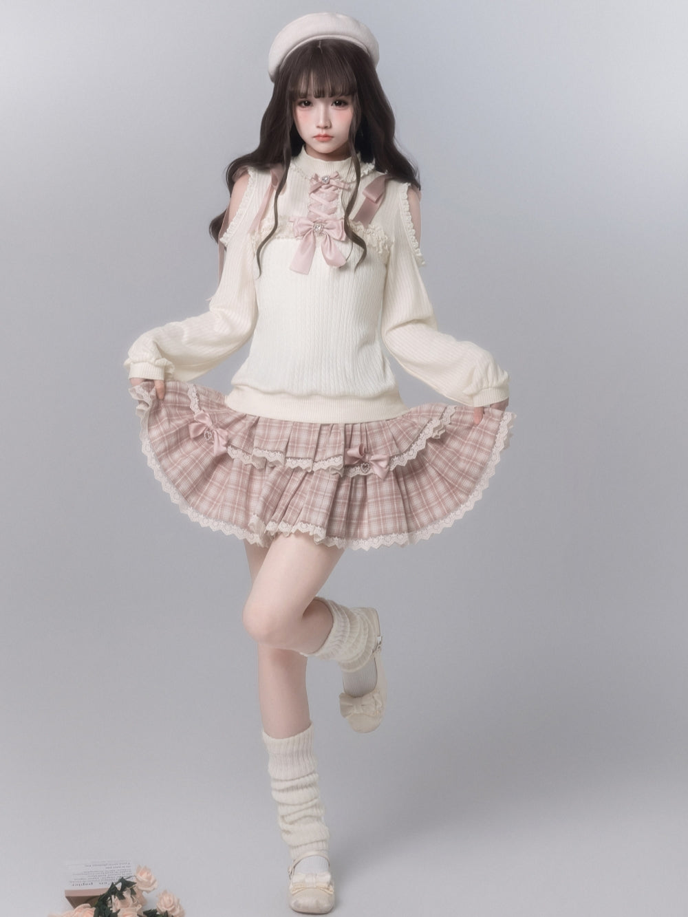 Japanese Cold Shoulder Knit Top Plaid Skirt