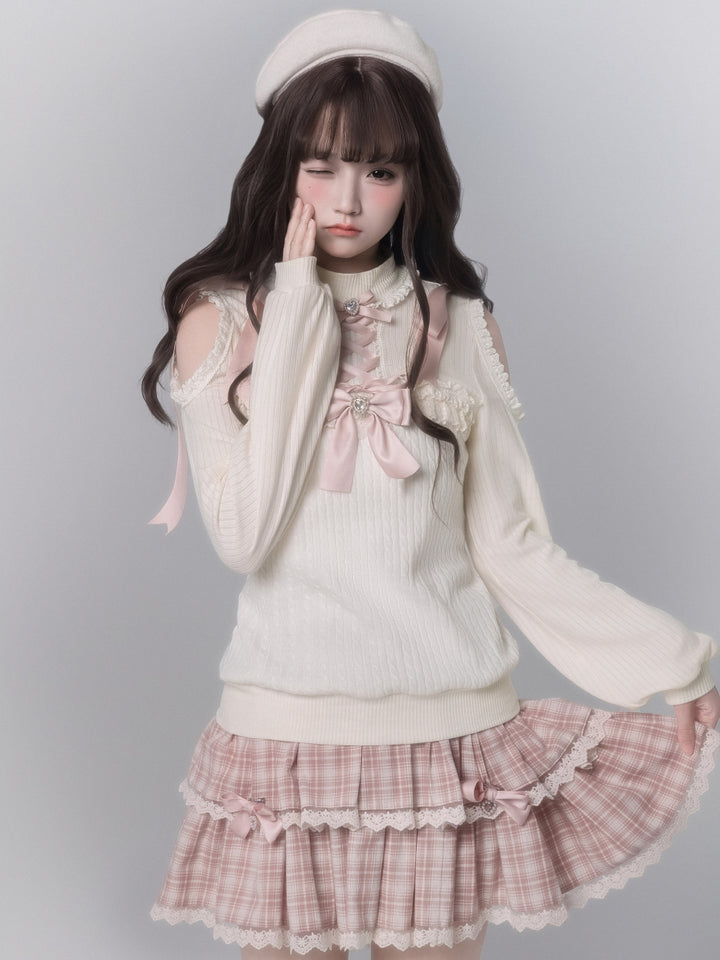 Japanese Cold Shoulder Knit Top Plaid Skirt