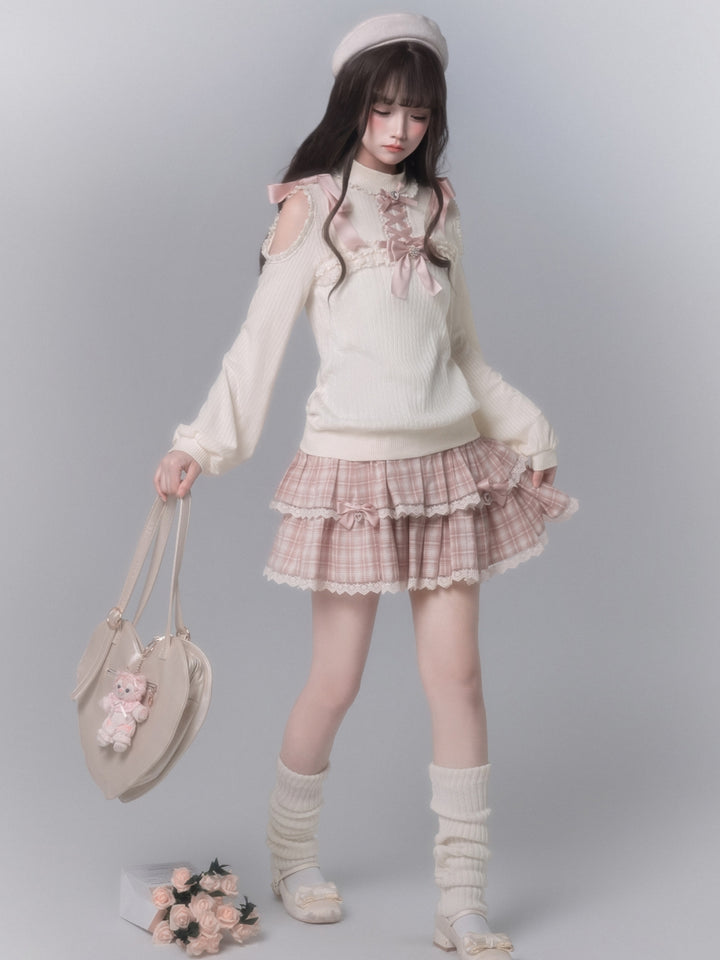 Japanese Cold Shoulder Knit Top Plaid Skirt