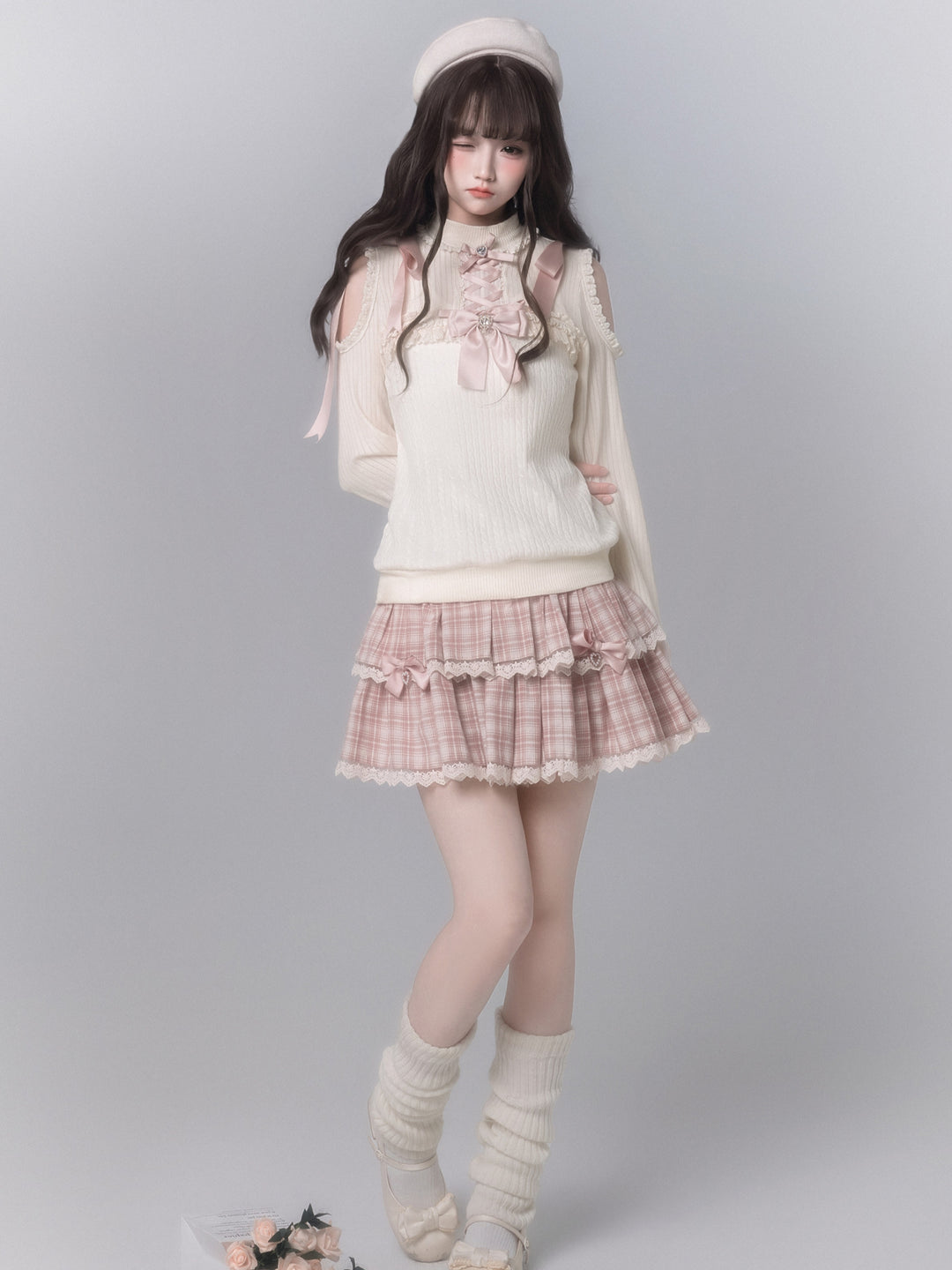 Japanese Cold Shoulder Knit Top Plaid Skirt