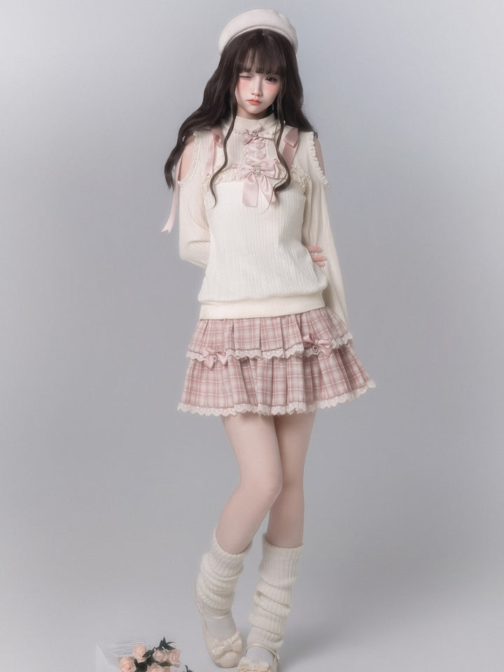 Japanese Cold Shoulder Knit Top Plaid Skirt