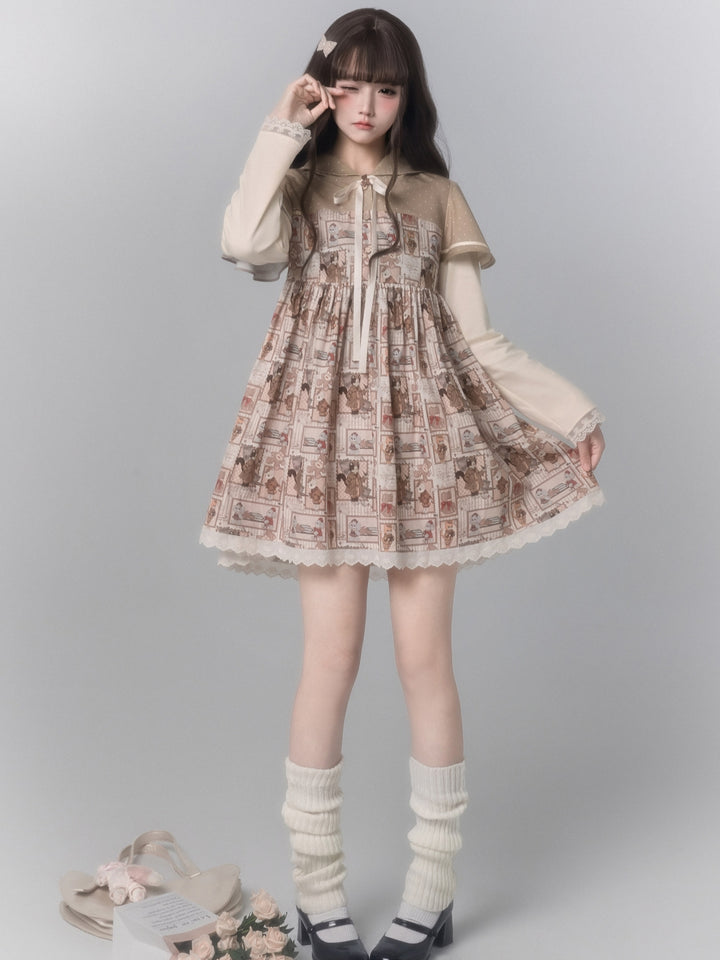 Vintage Cartoon Print Hooded Doll Dress