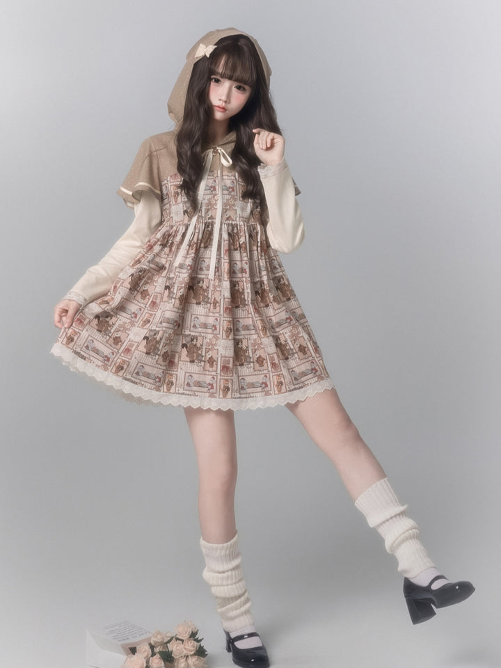 Vintage Cartoon Print Hooded Doll Dress