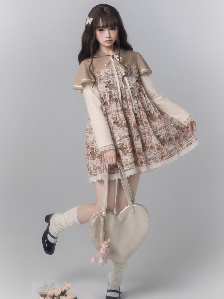 Vintage Cartoon Print Hooded Doll Dress