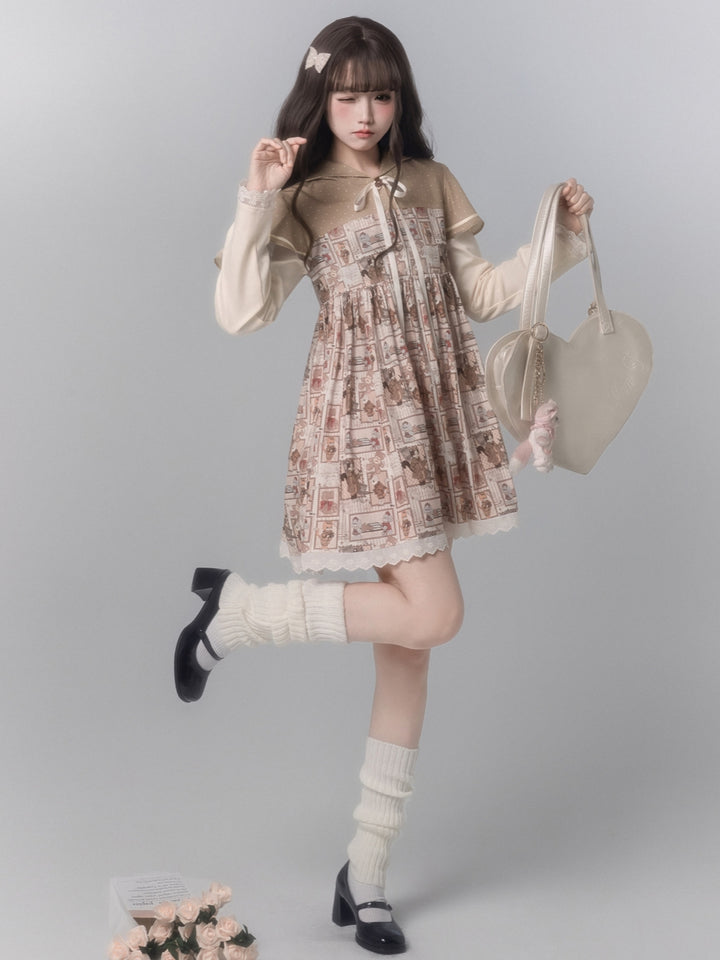 Vintage Cartoon Print Hooded Doll Dress