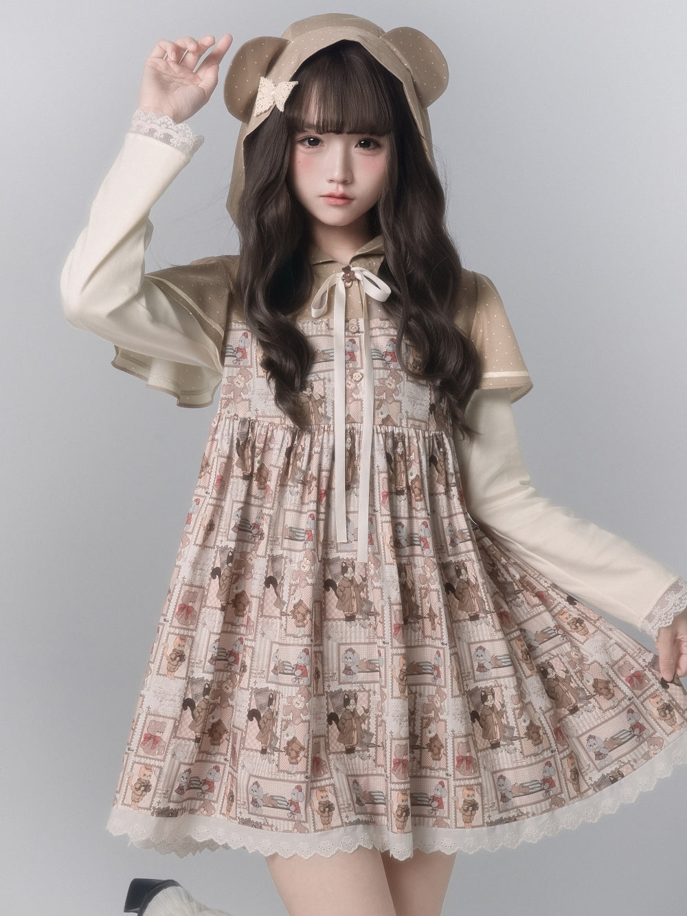 Vintage Cartoon Print Hooded Doll Dress