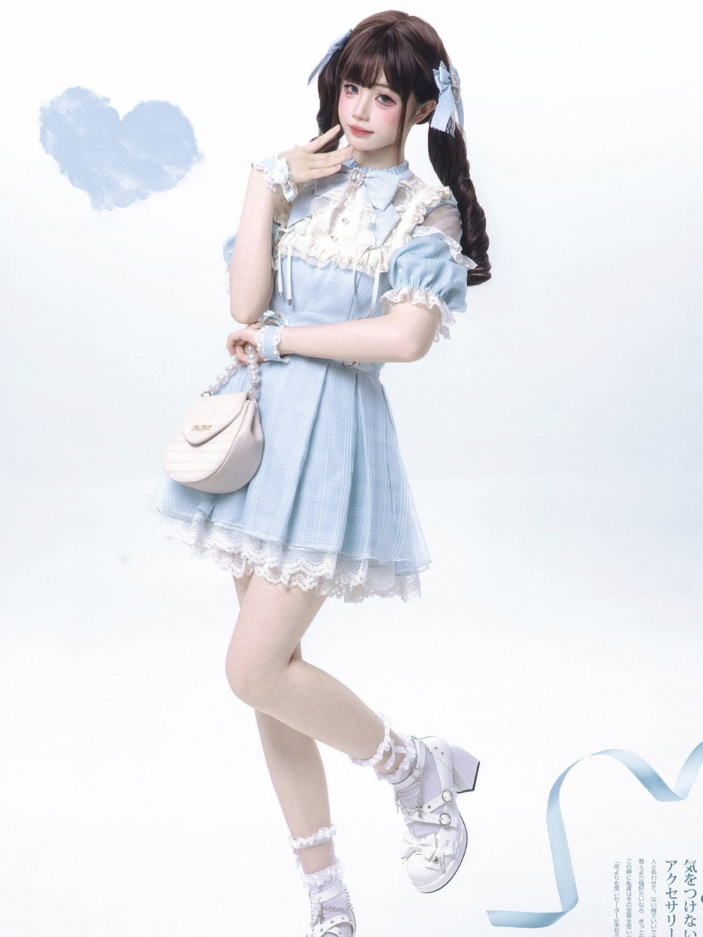 Light Blue Plaid Lace Bow Doll Dress