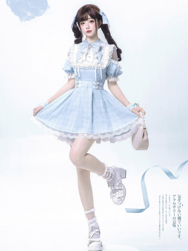 Light Blue Plaid Lace Bow Doll Dress