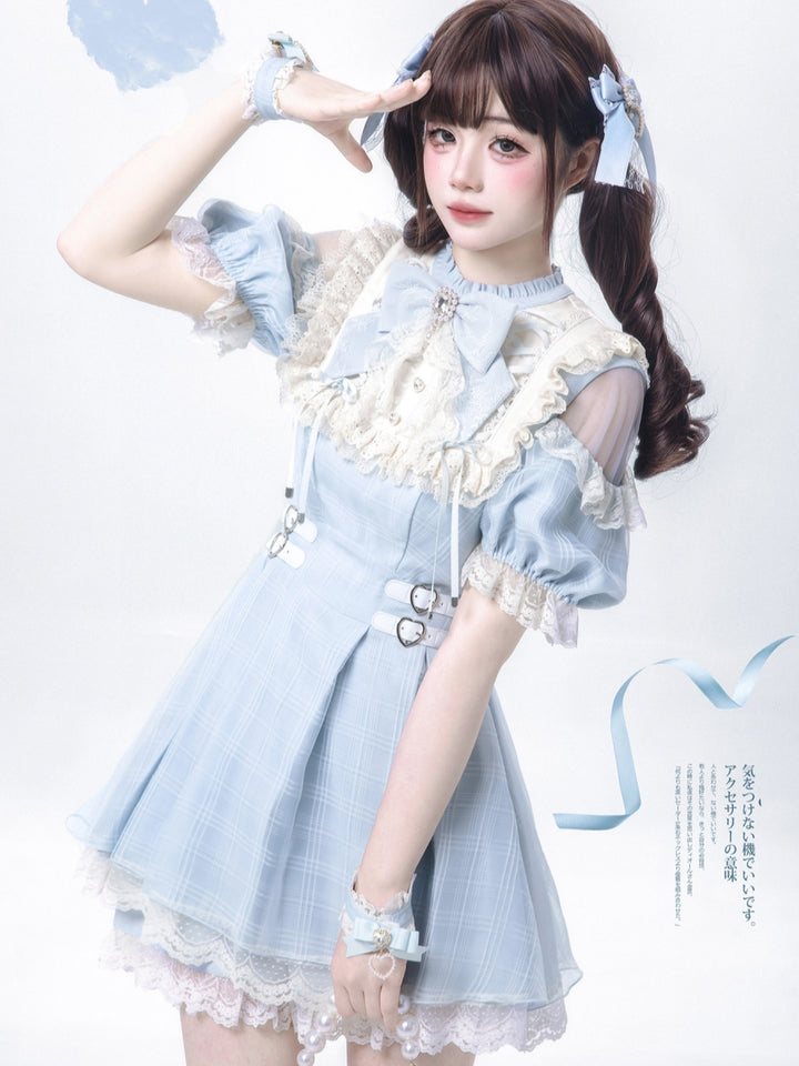 Light Blue Plaid Lace Bow Doll Dress