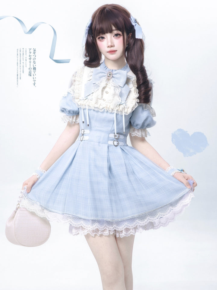 Light Blue Plaid Lace Bow Doll Dress