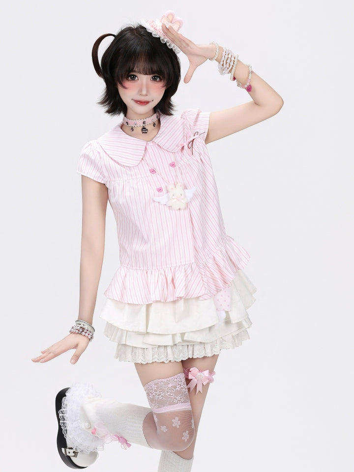 Japanese Pinstripe Ruffle Hem Short Sleeve Blouse