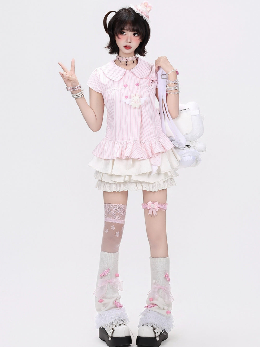 Japanese Pinstripe Ruffle Hem Short Sleeve Blouse