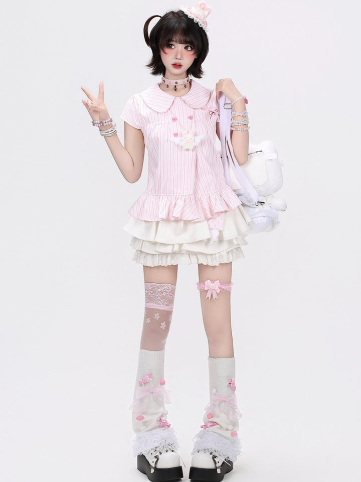 Japanese Pinstripe Ruffle Hem Short Sleeve Blouse