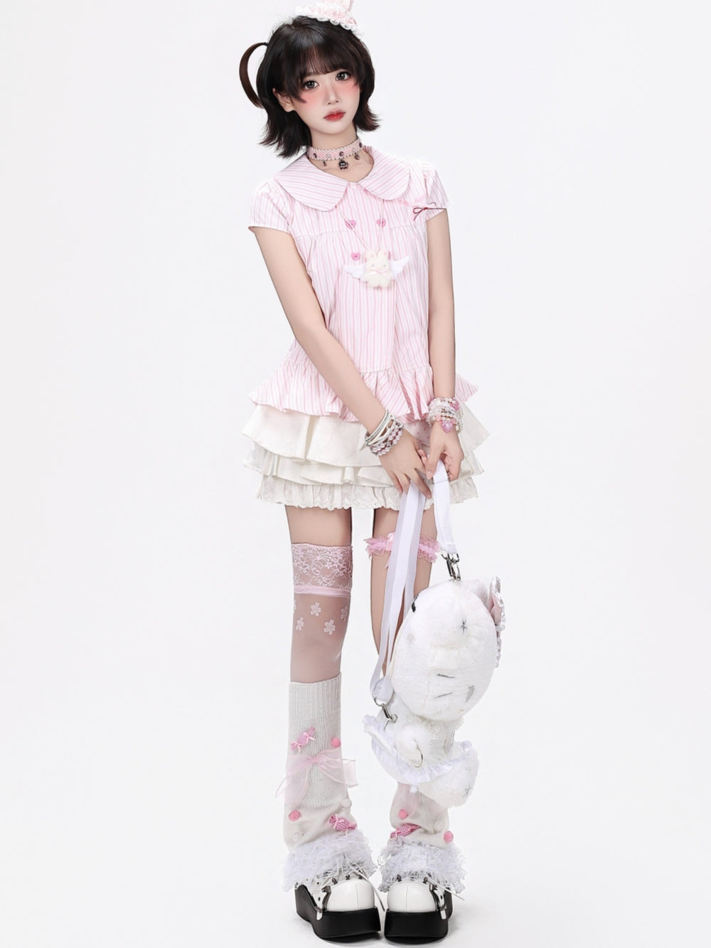 Japanese Pinstripe Ruffle Hem Short Sleeve Blouse