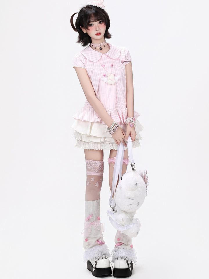 Japanese Pinstripe Ruffle Hem Short Sleeve Blouse