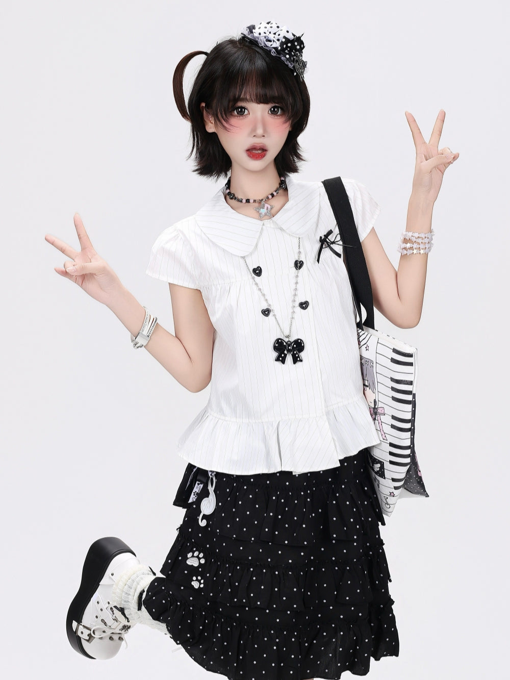 Japanese Pinstripe Ruffle Hem Short Sleeve Blouse
