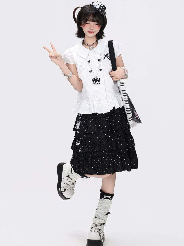 Japanese Pinstripe Ruffle Hem Short Sleeve Blouse
