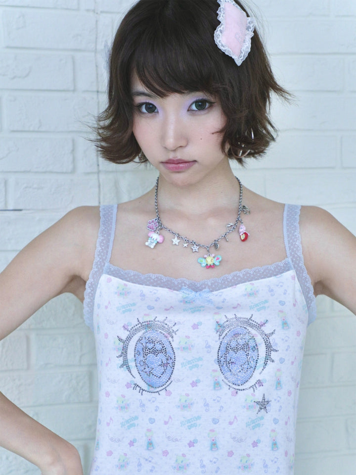 White Rhinestone Eye Print Camisole Top