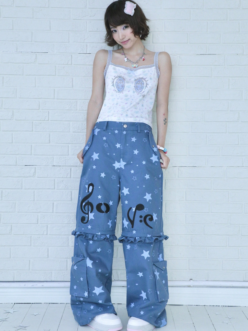 White Rhinestone Eye Print Camisole Top