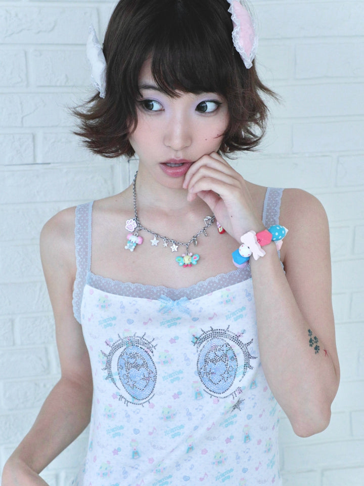 White Rhinestone Eye Print Camisole Top