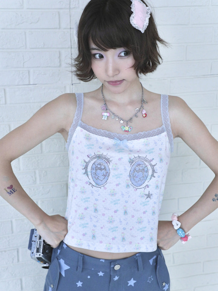 White Rhinestone Eye Print Camisole Top
