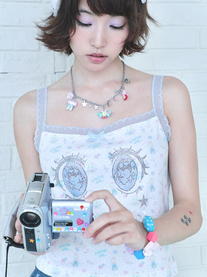 White Rhinestone Eye Print Camisole Top