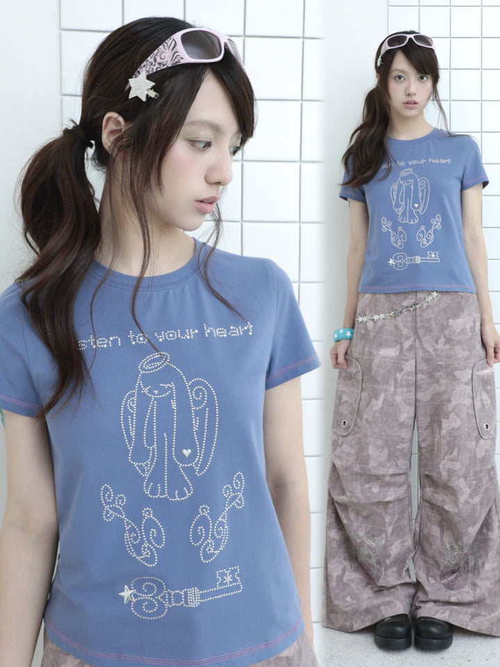 Dusty Blue Rhinestone Angel Bunny T-Shirt