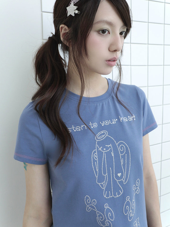 Dusty Blue Rhinestone Angel Bunny T-Shirt