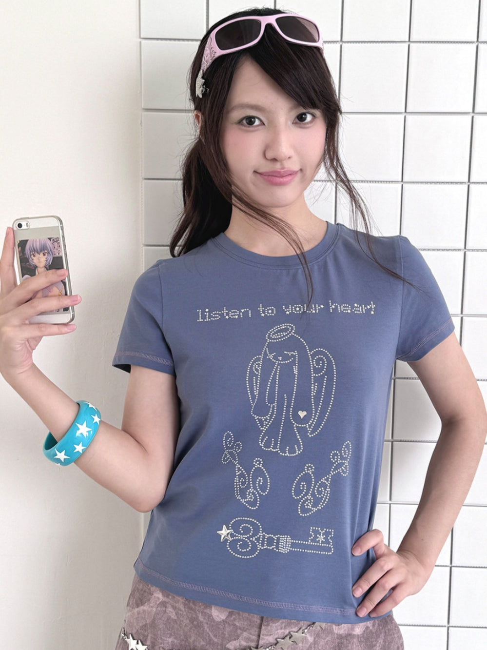 Dusty Blue Rhinestone Angel Bunny T-Shirt