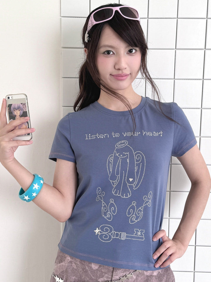 Dusty Blue Rhinestone Angel Bunny T-Shirt
