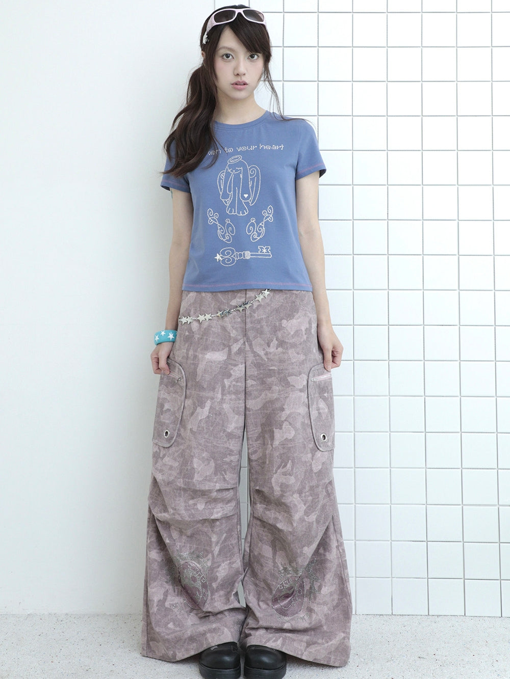 Dusty Blue Rhinestone Angel Bunny T-Shirt