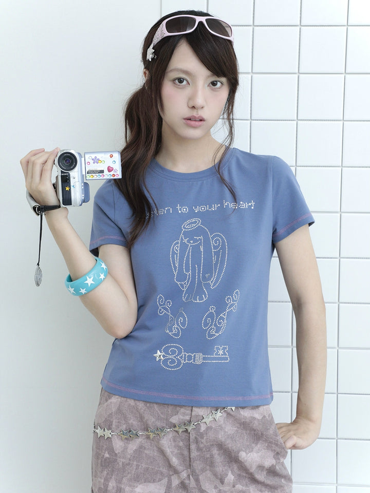 Dusty Blue Rhinestone Angel Bunny T-Shirt