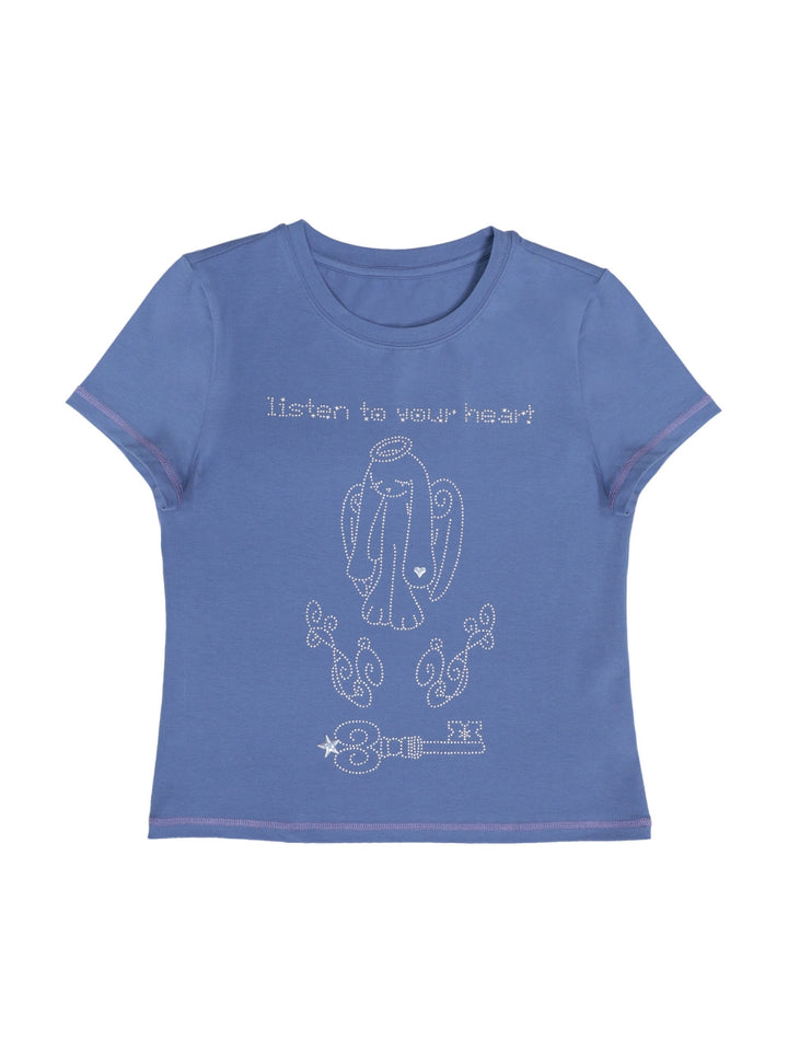Dusty Blue Rhinestone Angel Bunny T-Shirt