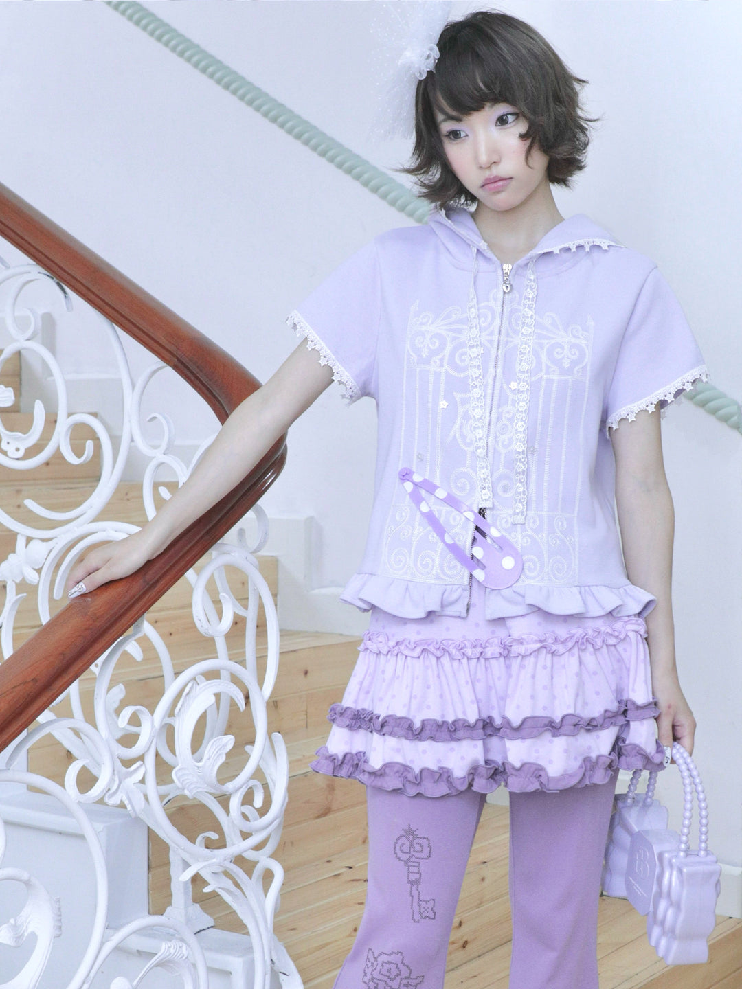 Lavender Lace Trim Short Sleeve Zip Hoodie