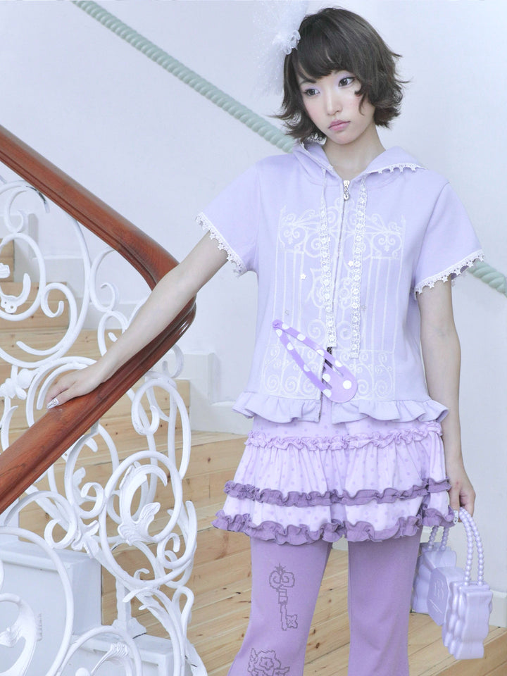 Lavender Lace Trim Short Sleeve Zip Hoodie