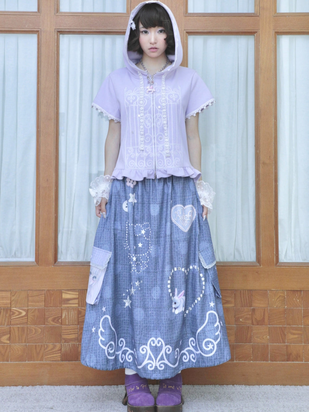 Lavender Lace Trim Short Sleeve Zip Hoodie