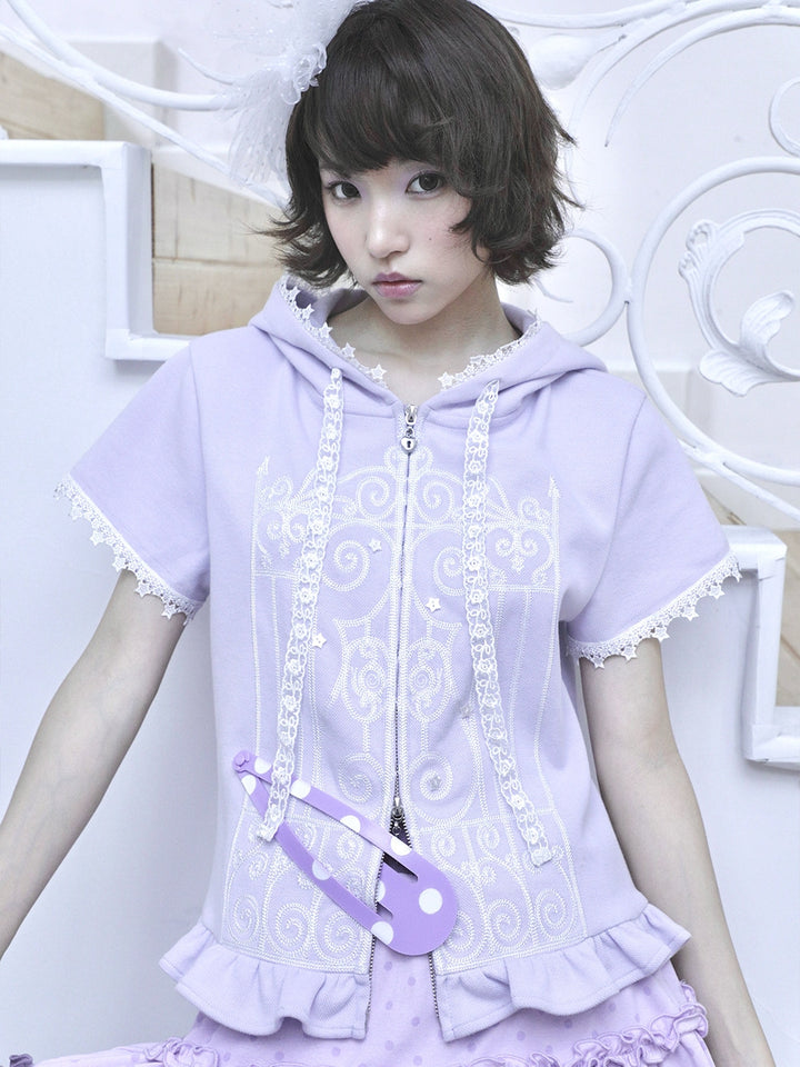 Lavender Lace Trim Short Sleeve Zip Hoodie