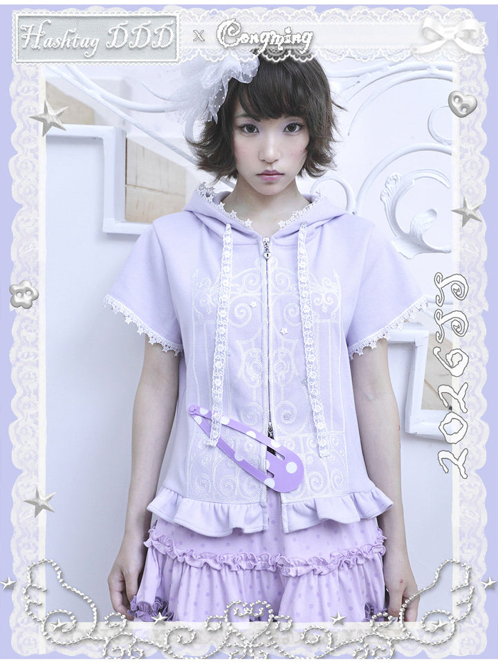 Lavender Lace Trim Short Sleeve Zip Hoodie