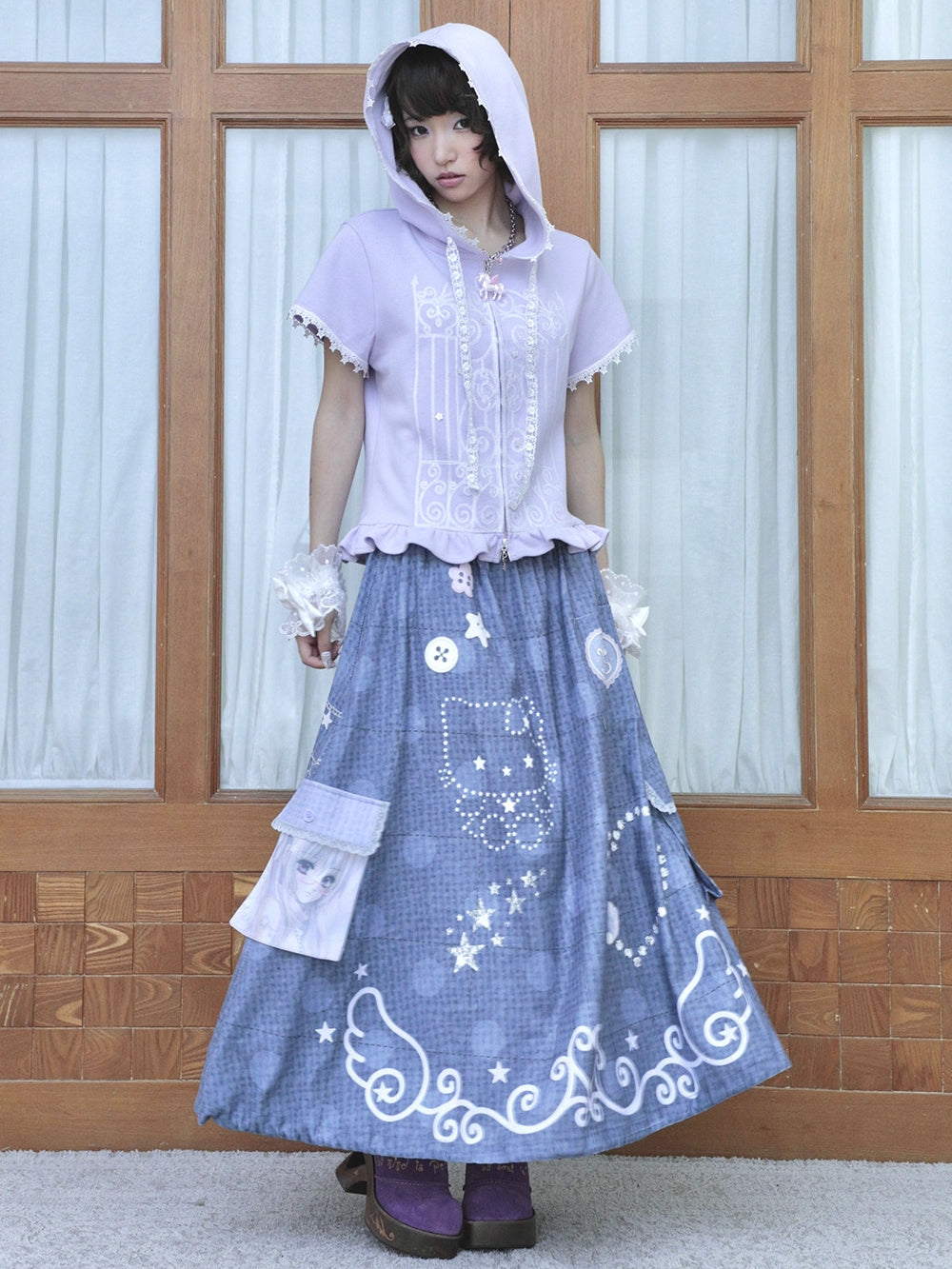 Lavender Lace Trim Short Sleeve Zip Hoodie